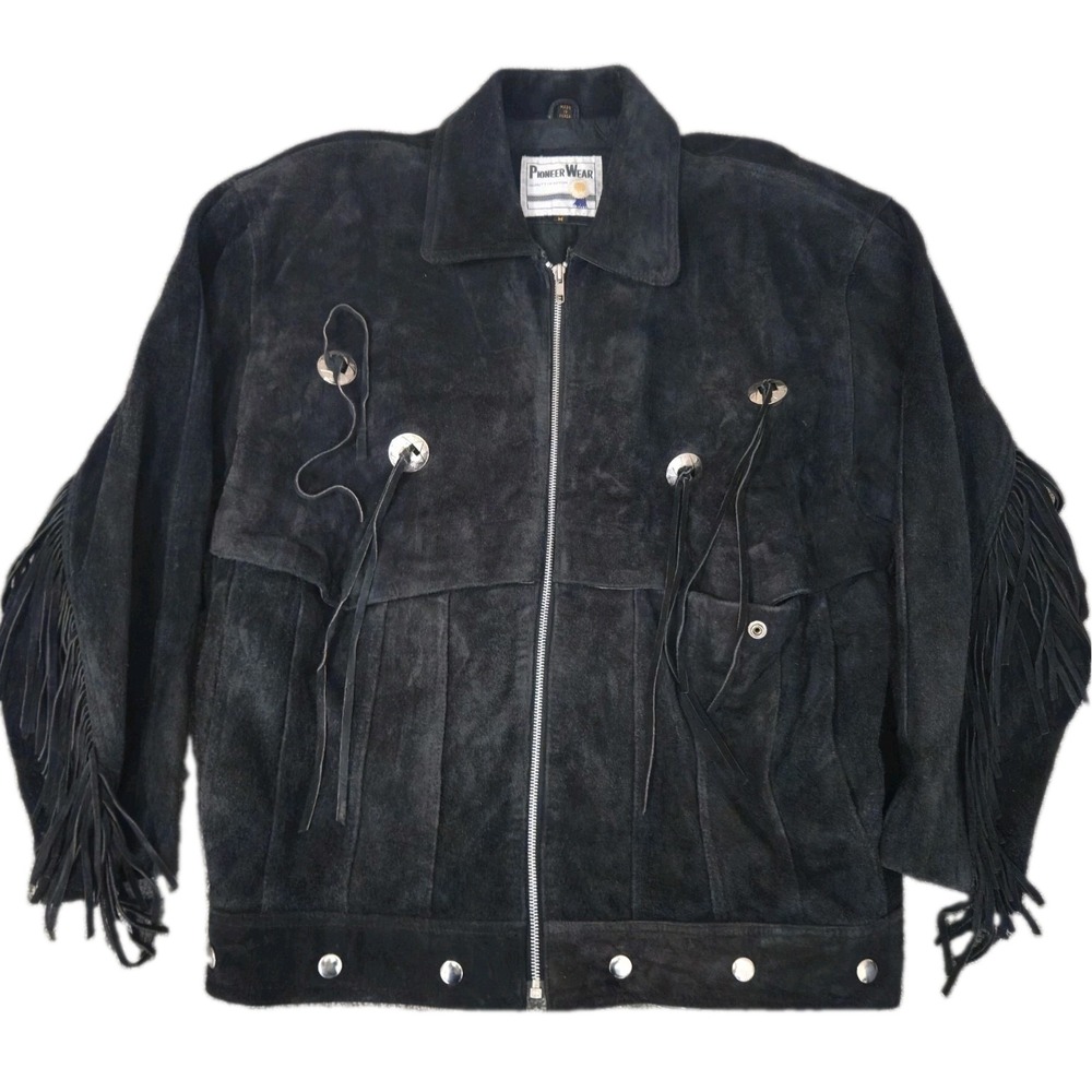 Vintage Pioneer Wear Suede Leather Western Fringe Jacket Coat Faded Black Sz M